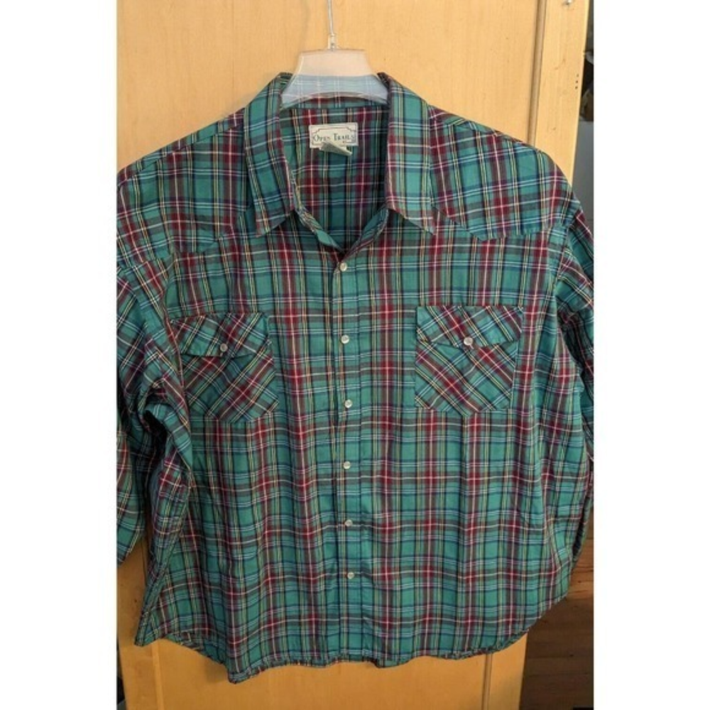 Vintage 80s Open‎ Trails Flannel Shirt Men XXL PLAID 65/35 Green